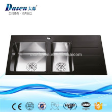Hand made black glass drainboard built-in kitchen rinses sink with tap hole